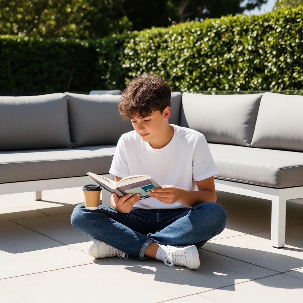 Young person reading about investing on a sunny patio