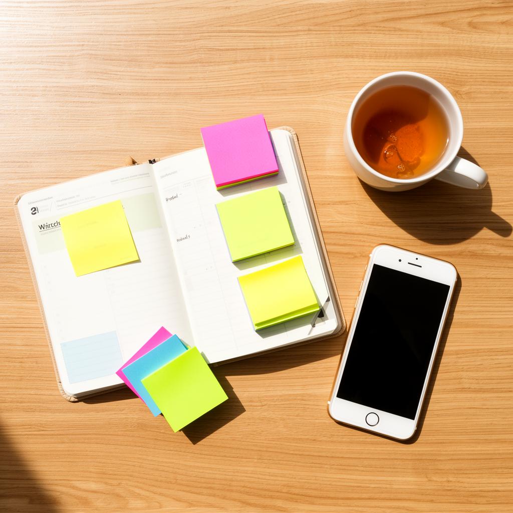 Planning notebook with sticky notes for investment strategy