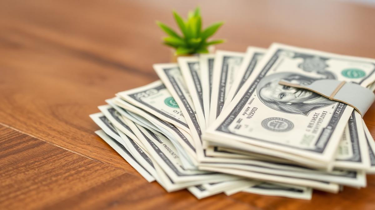 Bundle of US dollar bills on a polished desk with a small green plant