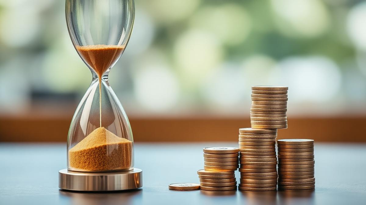 Hourglass with golden sand next to growing stacks of coins