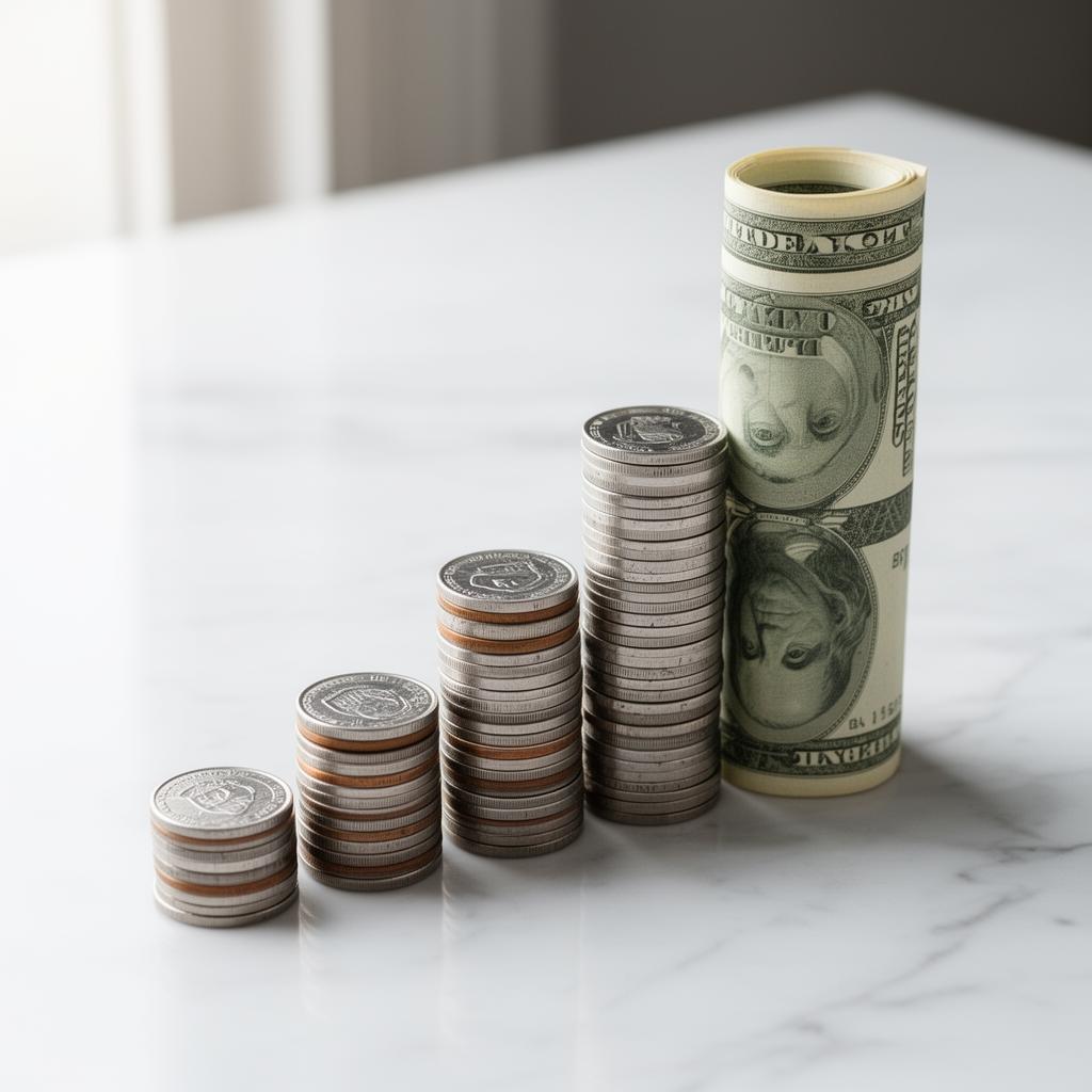 Growing stacks of coins representing compound growth over decades