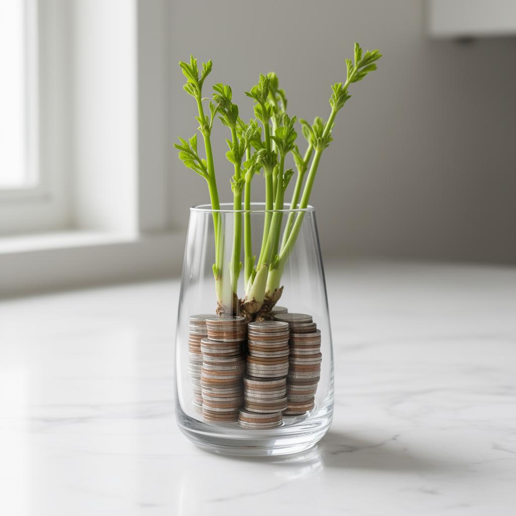 Glass vase with plant growing from coins representing compound investment growth
