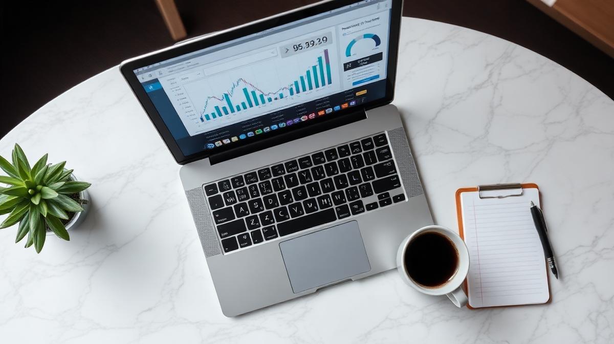 Laptop showing financial planning workspace with coffee and notepad