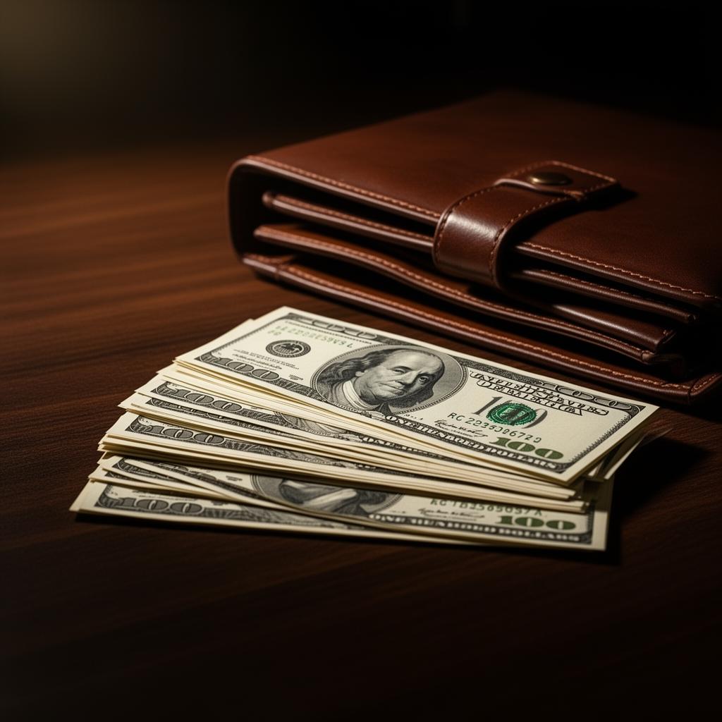 Stack of hundred dollar bills with leather portfolio on dark wooden desk