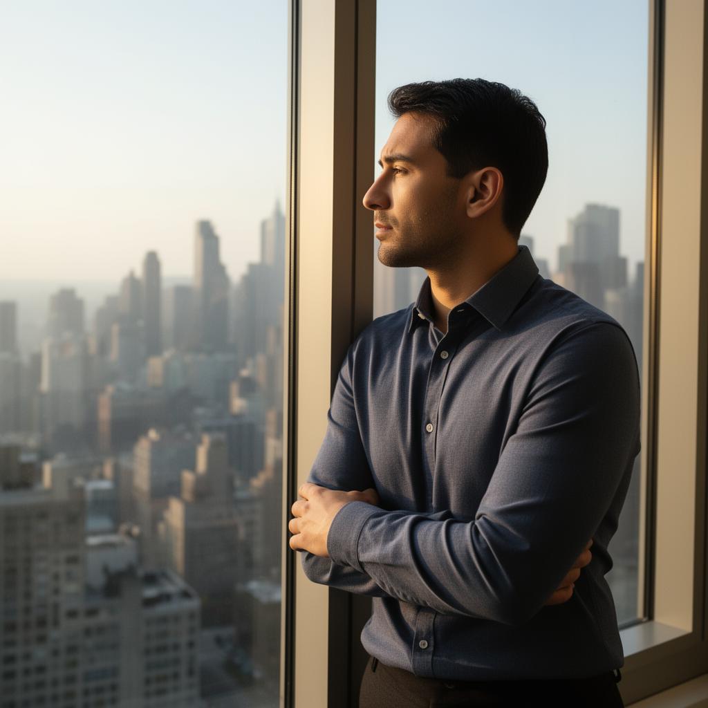 Professional investor contemplating strategy while looking at city skyline