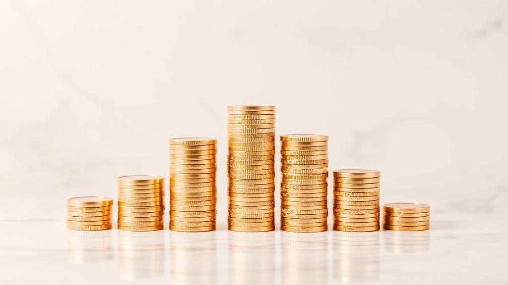 Gold coins arranged in ascending pillars representing growing wealth