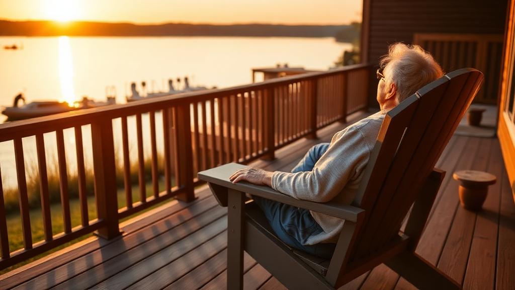Person relaxing on a deck overlooking a calm lake at sunset