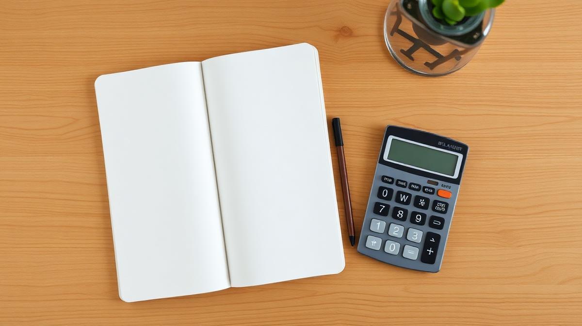 Financial planning notebook with calculator on a wooden desk