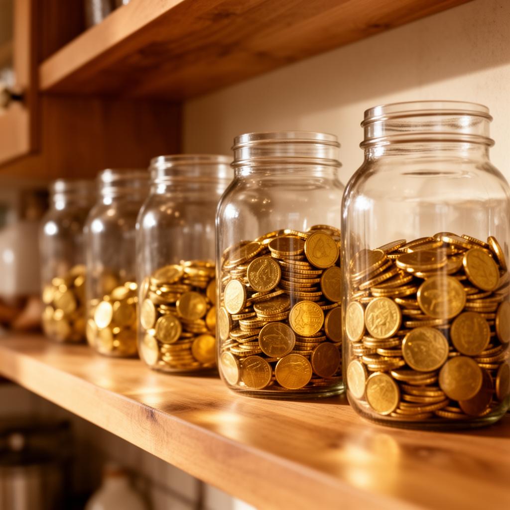 Glass savings jars filled with golden coins on wooden shelf