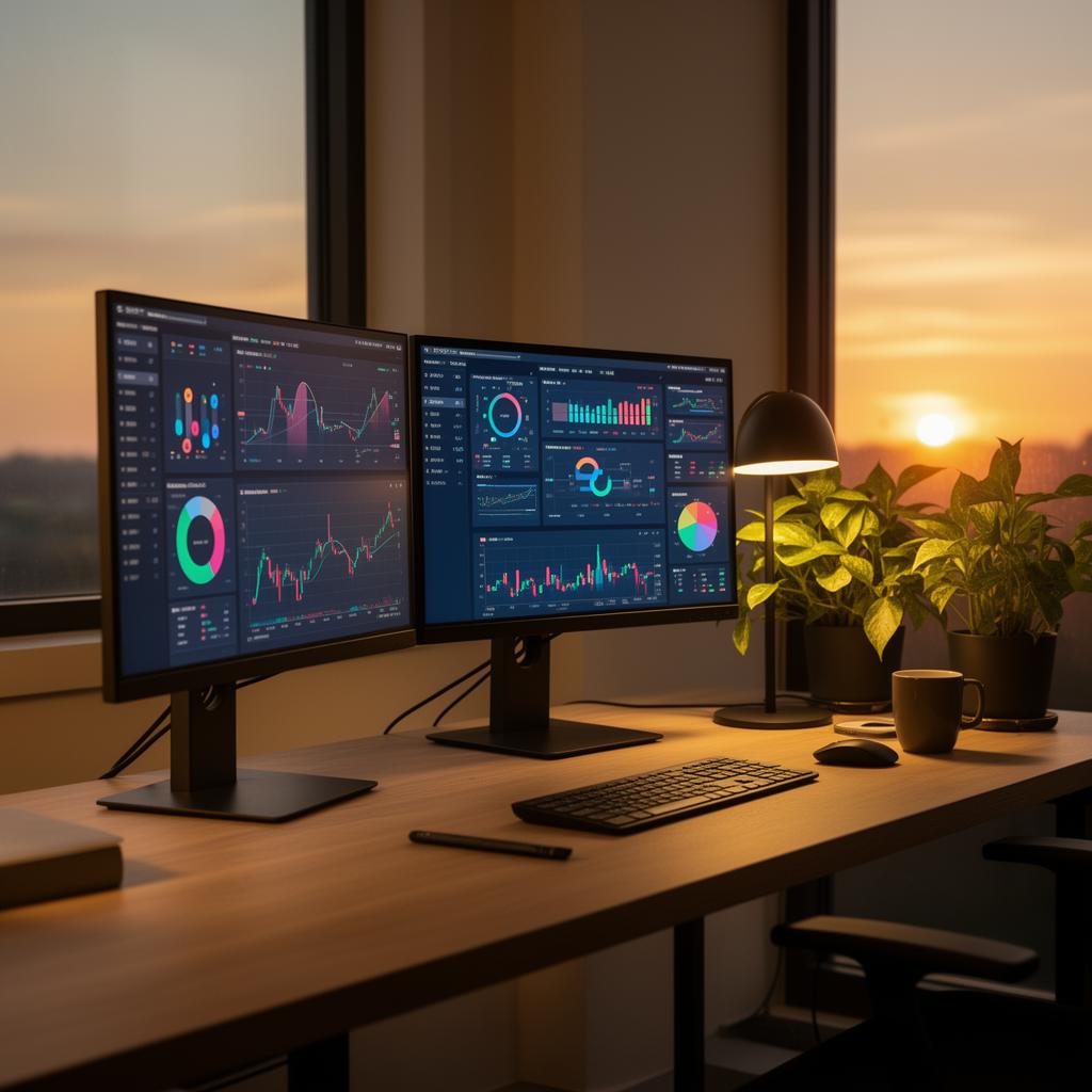 Home office with dual monitors showing financial dashboards