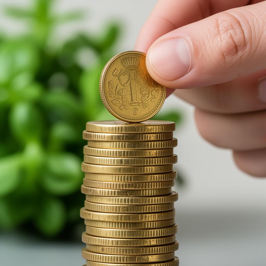 Hand placing a gold coin on top of a growing stack of coins