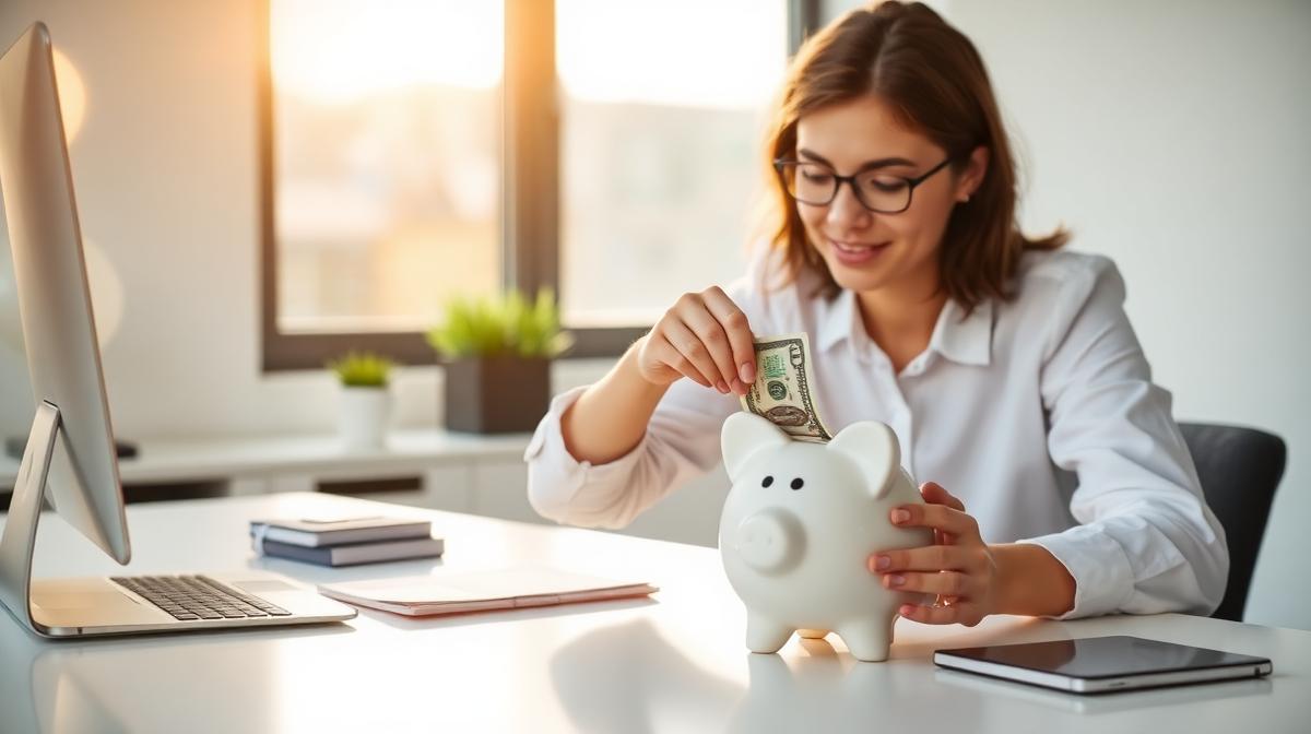 Young professional putting money into a white piggy bank at a modern desk