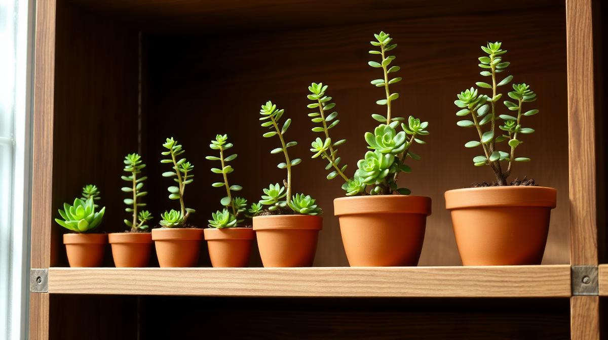Succulent plants growing in ascending terracotta pots on a wooden shelf