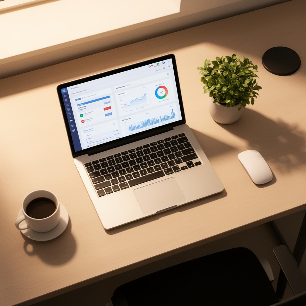 Financial planning workspace with laptop showing investment dashboard