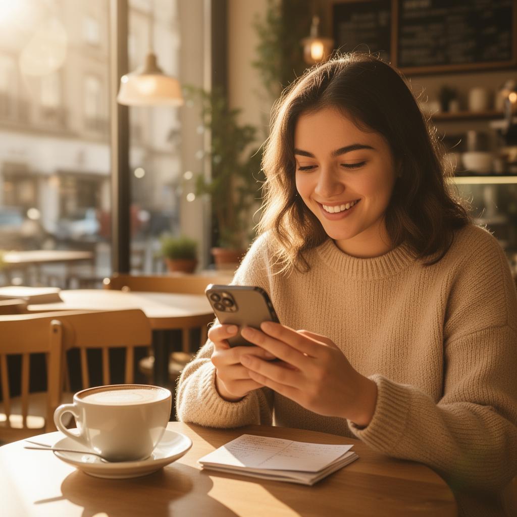 Young woman checking savings progress on smartphone in cafe