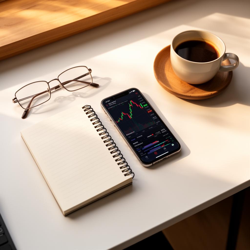 Modern desk setup for financial planning with notebook and smartphone